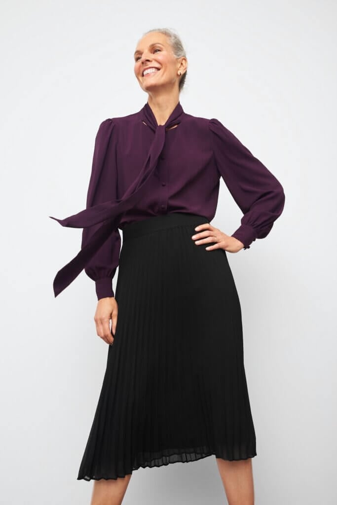 Deep Purple Silk Blouse with Black Pleated Midi Skirt Deep Purple Silk Blouse with Black Pleated Midi Skirt — Formal Outfits