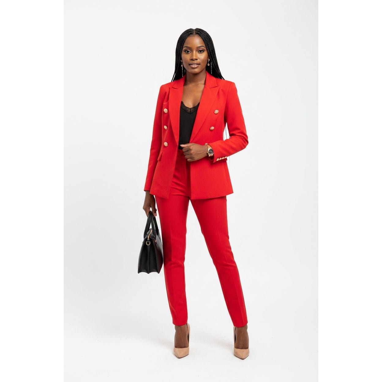 Vibrant Red Double-Breasted Suit with Gold Buttons Vibrant Red Double-Breasted Suit with Gold Buttons — Formal Outfits