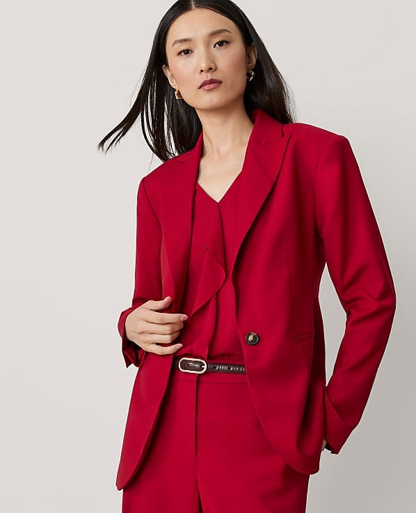 Red blazer and ruffled blouse professional business look Red blazer and ruffled blouse professional business look — Formal Style