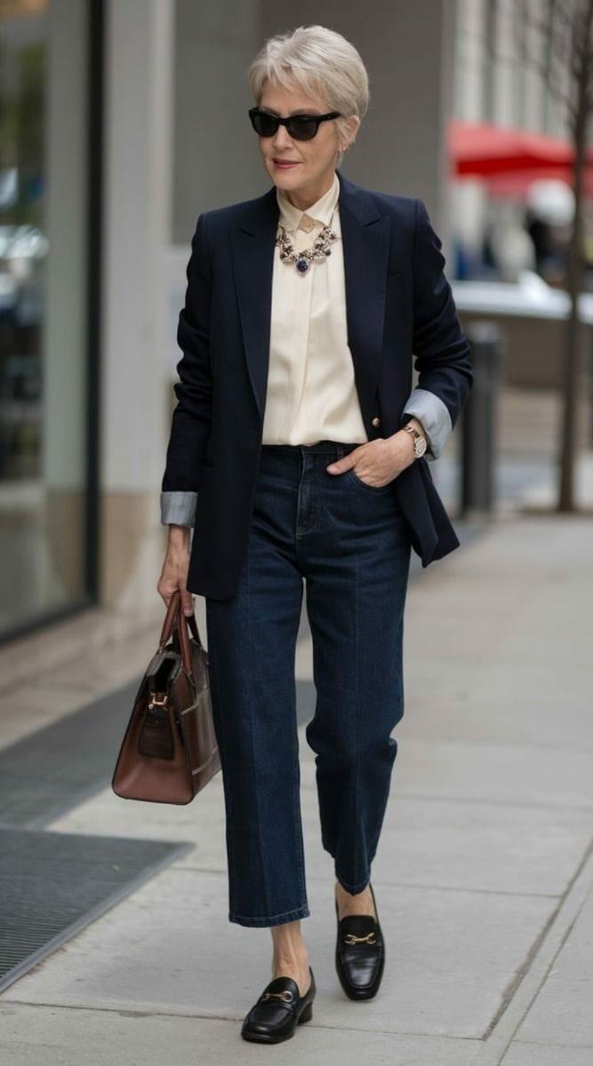 Navy blazer with jeans and silk blouse business casual Navy blazer with jeans and silk blouse business casual — Formal Style