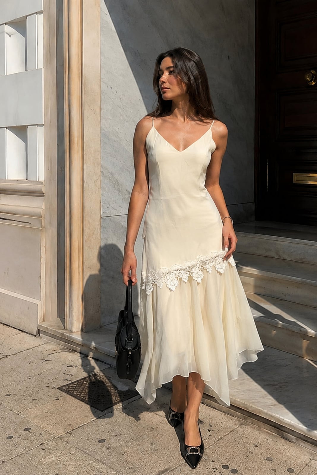 Ivory silk slip dress with lace trim Ivory silk slip dress with lace trim — Formal Style