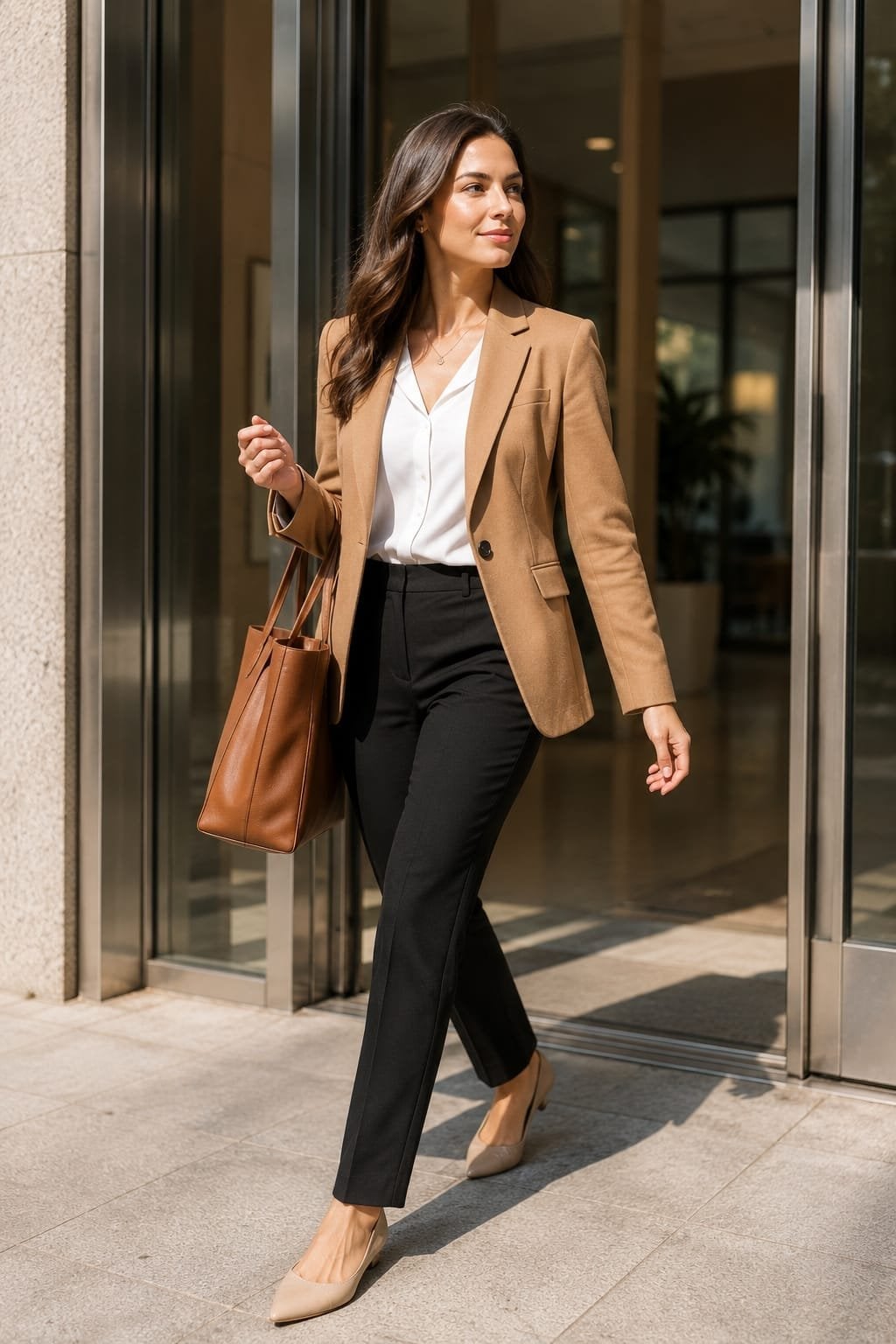 Camel blazer white blouse and black trousers Camel blazer white blouse and black trousers — Formal Style
