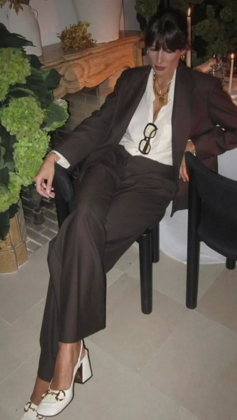 Oversized brown suit with cream silk blouse Oversized brown suit with cream silk blouse — Formal Style