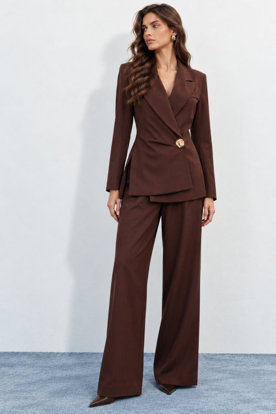 Brown double-breasted blazer and wide-leg trousers suit Brown double-breasted blazer and wide-leg trousers suit — Formal Style