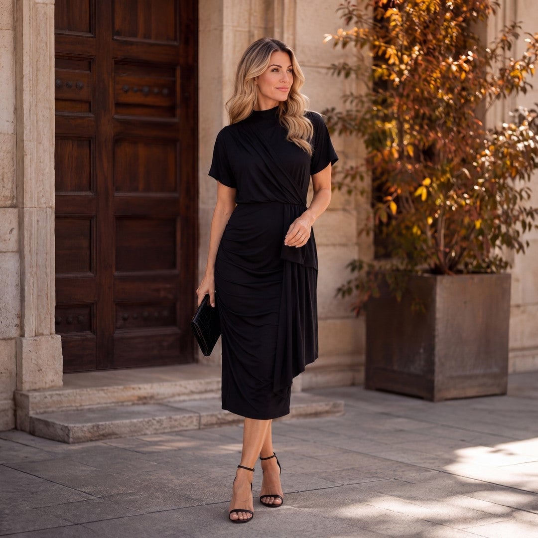 Black draped jersey wrap dress semi-formal Black draped jersey wrap dress semi-formal — Formal Style