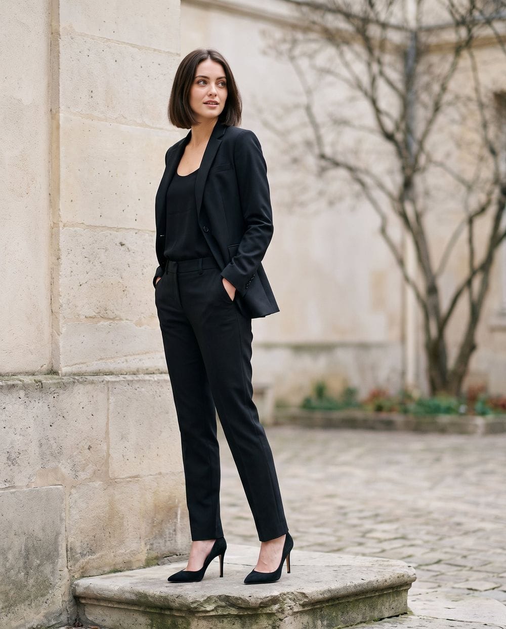 Monochromatic black suit with slim-fit trousers Monochromatic black suit with slim-fit trousers — Formal Style