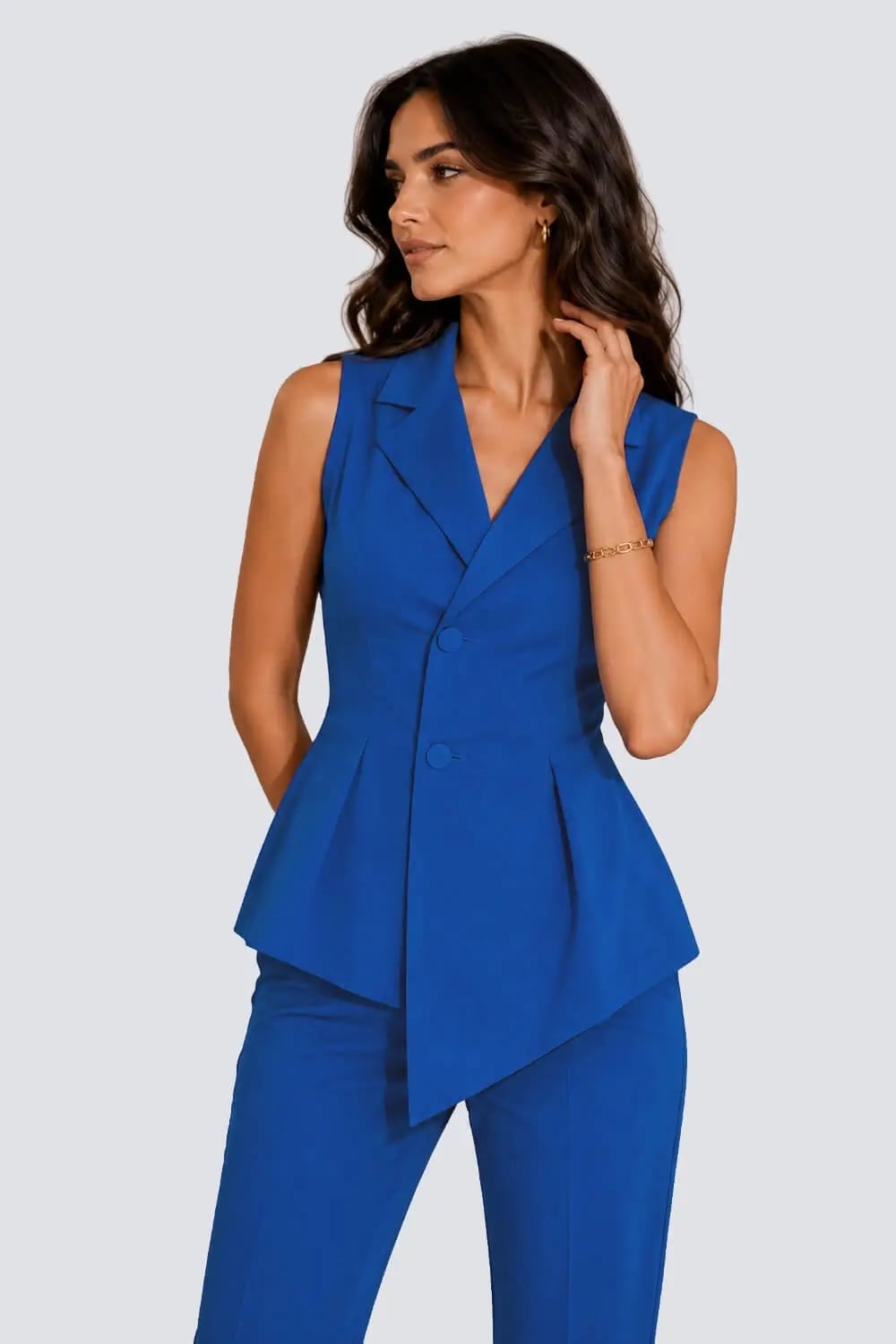 Blue sleeveless blazer and tailored trousers Blue sleeveless blazer and tailored trousers — Formal Style