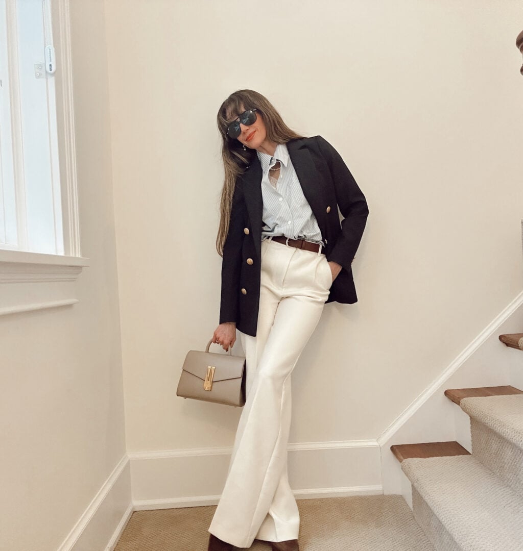 Black Blazer With Cream Wide Leg Trousers Black Blazer With Cream Wide Leg Trousers — French Outfits