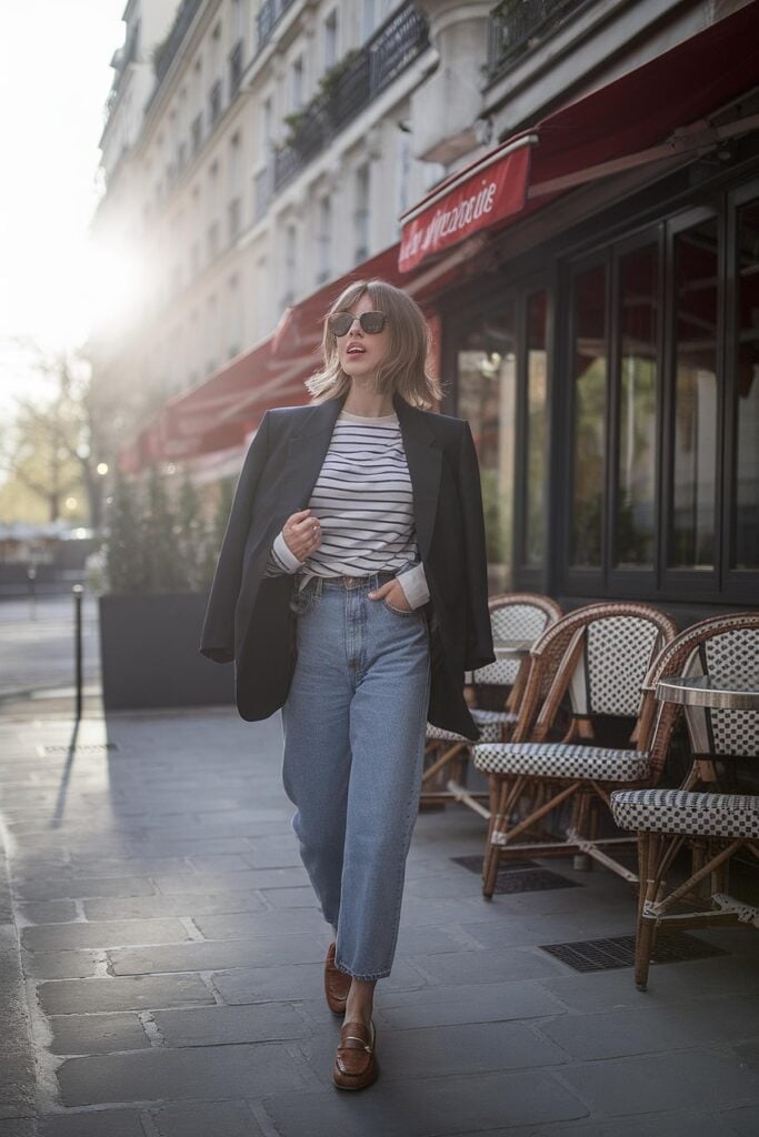 Navy Blazer With Striped Top And Wide Leg Jeans Navy Blazer With Striped Top And Wide Leg Jeans — French Outfits