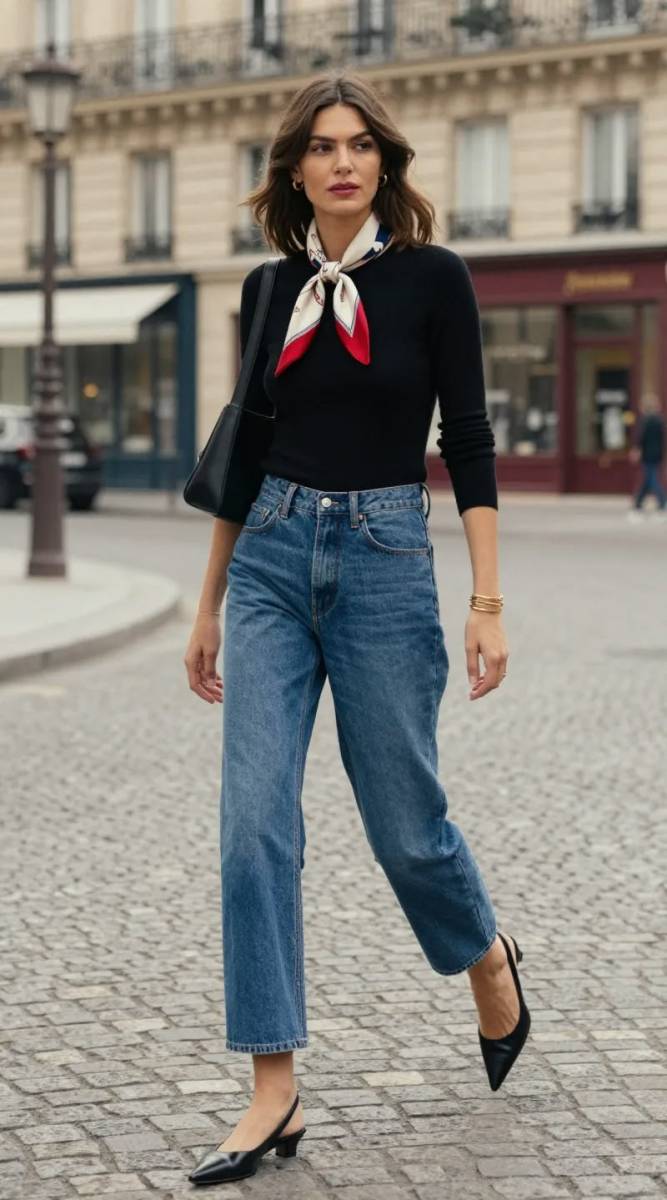 Straight Leg Jeans With Red Neck Scarf Straight Leg Jeans With Red Neck Scarf — French Outfits