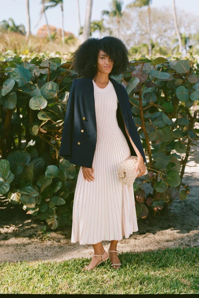 Cream Knit Dress With Navy Blazer Cream Knit Dress With Navy Blazer — French Outfits