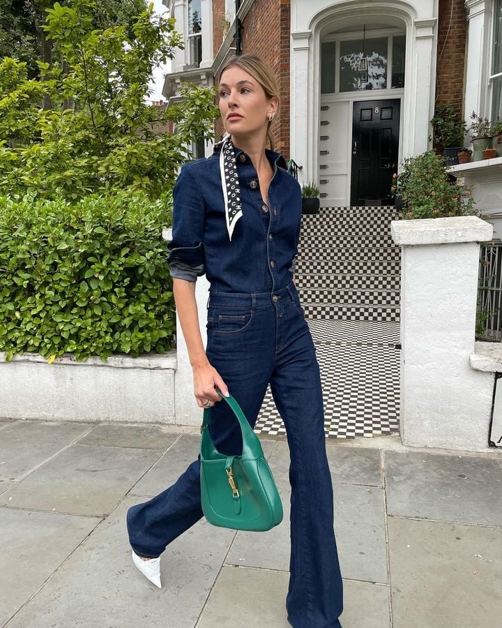 Dark Wash Denim Jumpsuit With Green Handbag Dark Wash Denim Jumpsuit With Green Handbag — French Outfits
