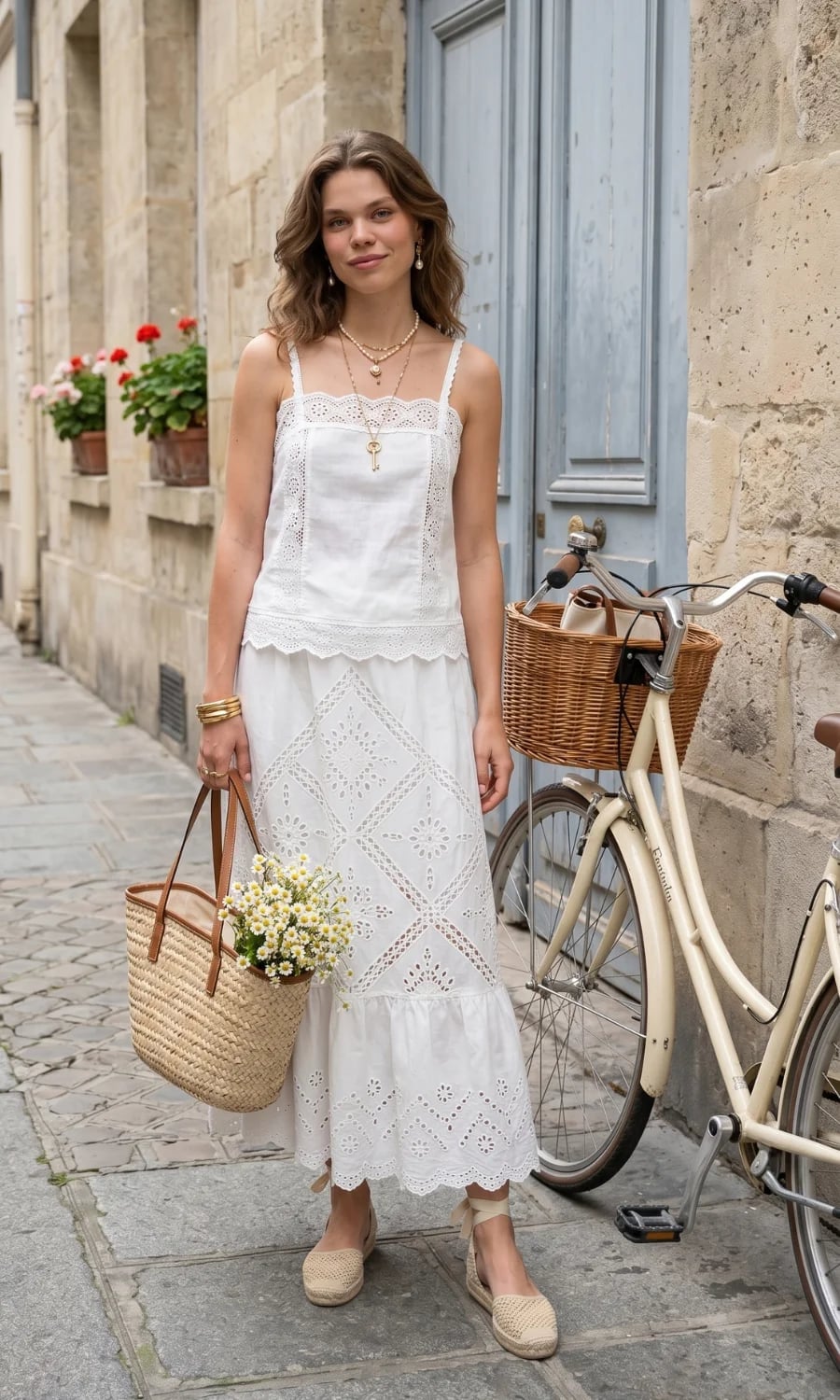 White Broderie Anglaise Set With Espadrille Flats White Broderie Anglaise Set With Espadrille Flats — French Outfits