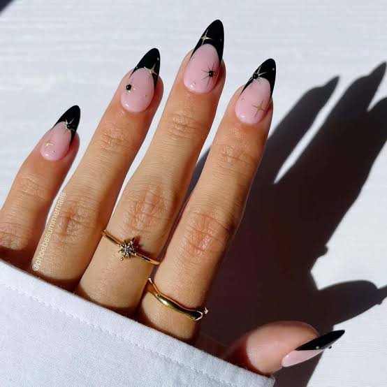 Medium Almond Black French Tips with Stars Medium Almond Black French Tips with Stars — French Tip Nails
