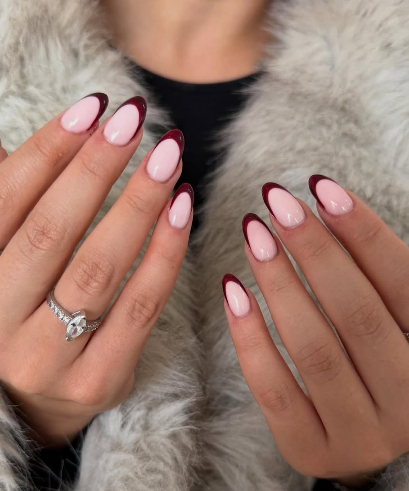 Medium Almond Burgundy French Tips Medium Almond Burgundy French Tips — French Tip Nails