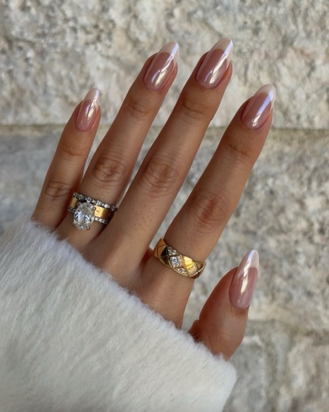 Medium Almond Pearlescent White French Tips, Sheer Nude Base Medium Almond Pearlescent White French Tips, Sheer Nude Base — French Tip Nails