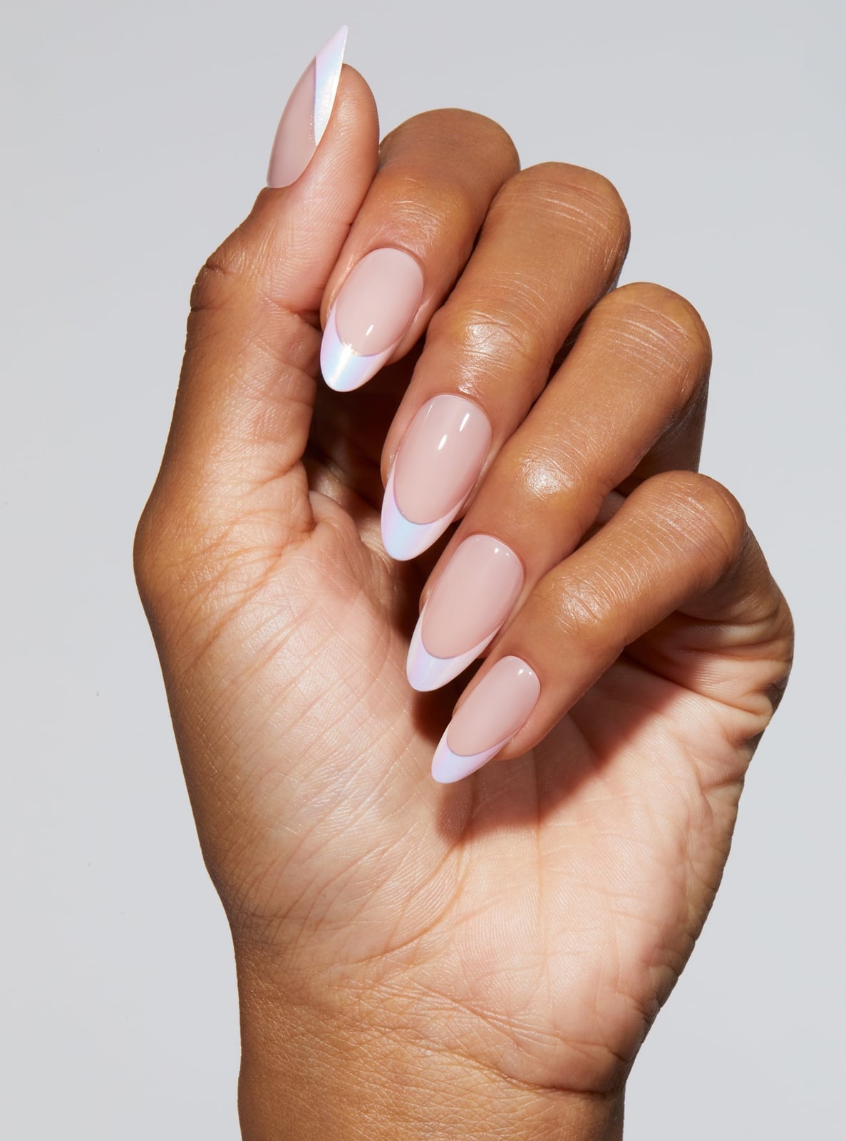Medium Almond Opalescent White French Tips, Close-Up Take Medium Almond Opalescent White French Tips, Close-Up Take — French Tip Nails