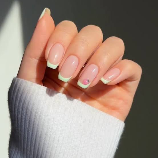 Medium Square Mint French Tips with Strawberry Art Medium Square Mint French Tips with Strawberry Art — French Tip Nails