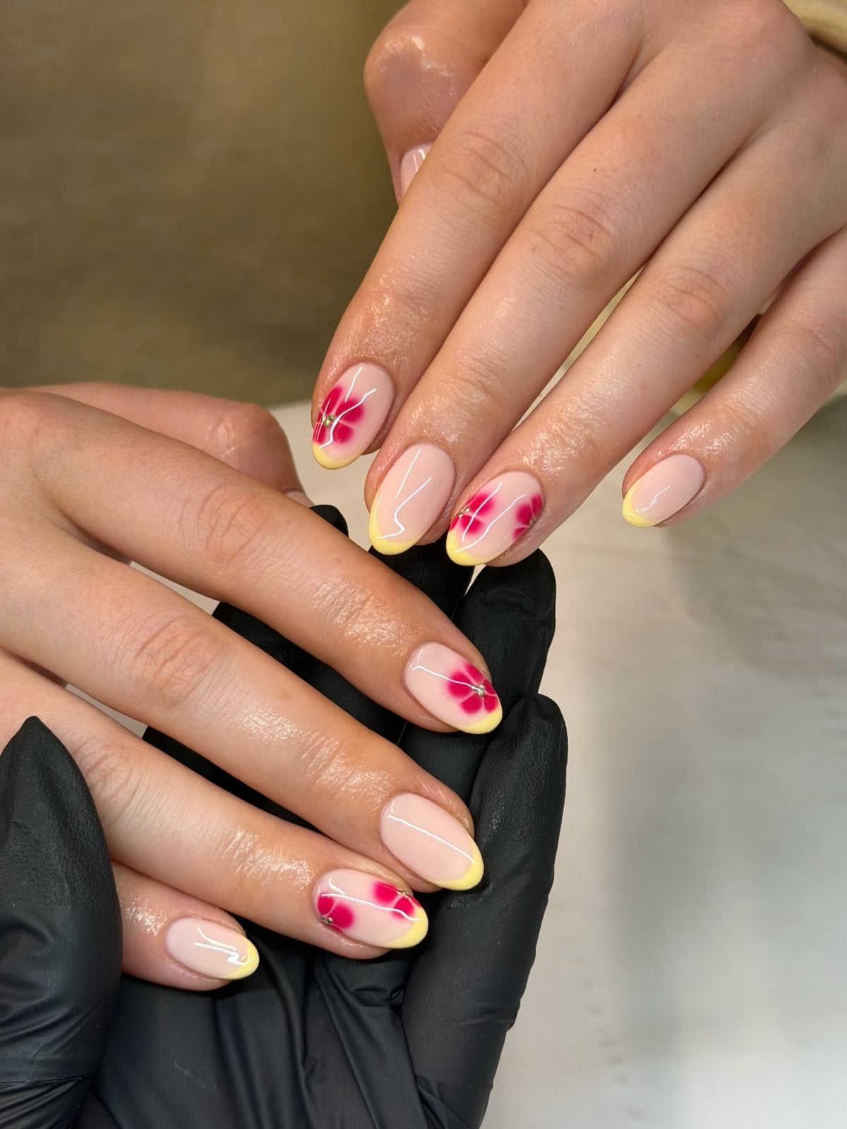 Medium Almond Yellow French Tips with Floral Accents Medium Almond Yellow French Tips with Floral Accents — French Tip Nails