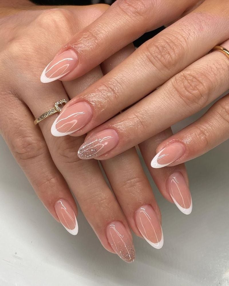 Medium Almond White French Tips with Glitter Accent Medium Almond White French Tips with Glitter Accent — French Tip Nails