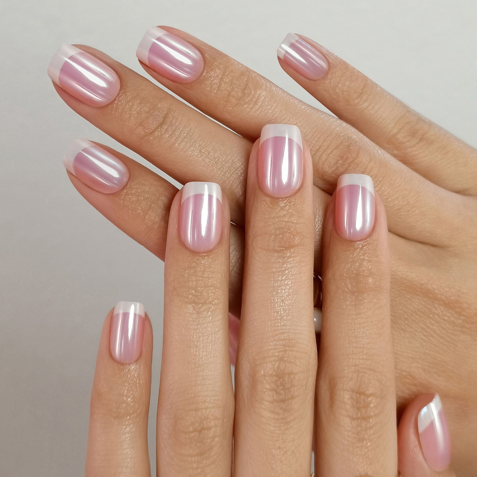 Pearlescent Pink French Short Square Nails Pearlescent Pink French Short Square Nails — French Tip Nails Square