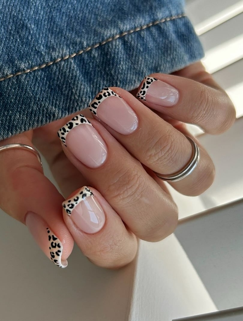 Leopard Print French Short Square Nails Leopard Print French Short Square Nails — French Tip Nails Square
