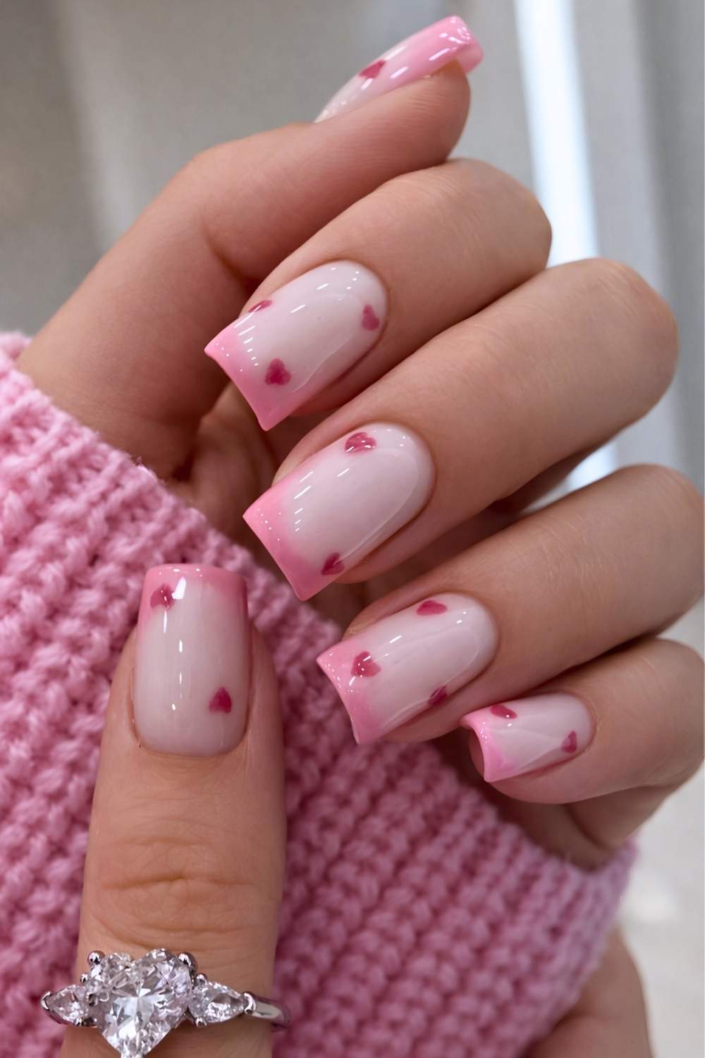 Pink Heart Decal French Short Square Nails Pink Heart Decal French Short Square Nails — French Tip Nails Square