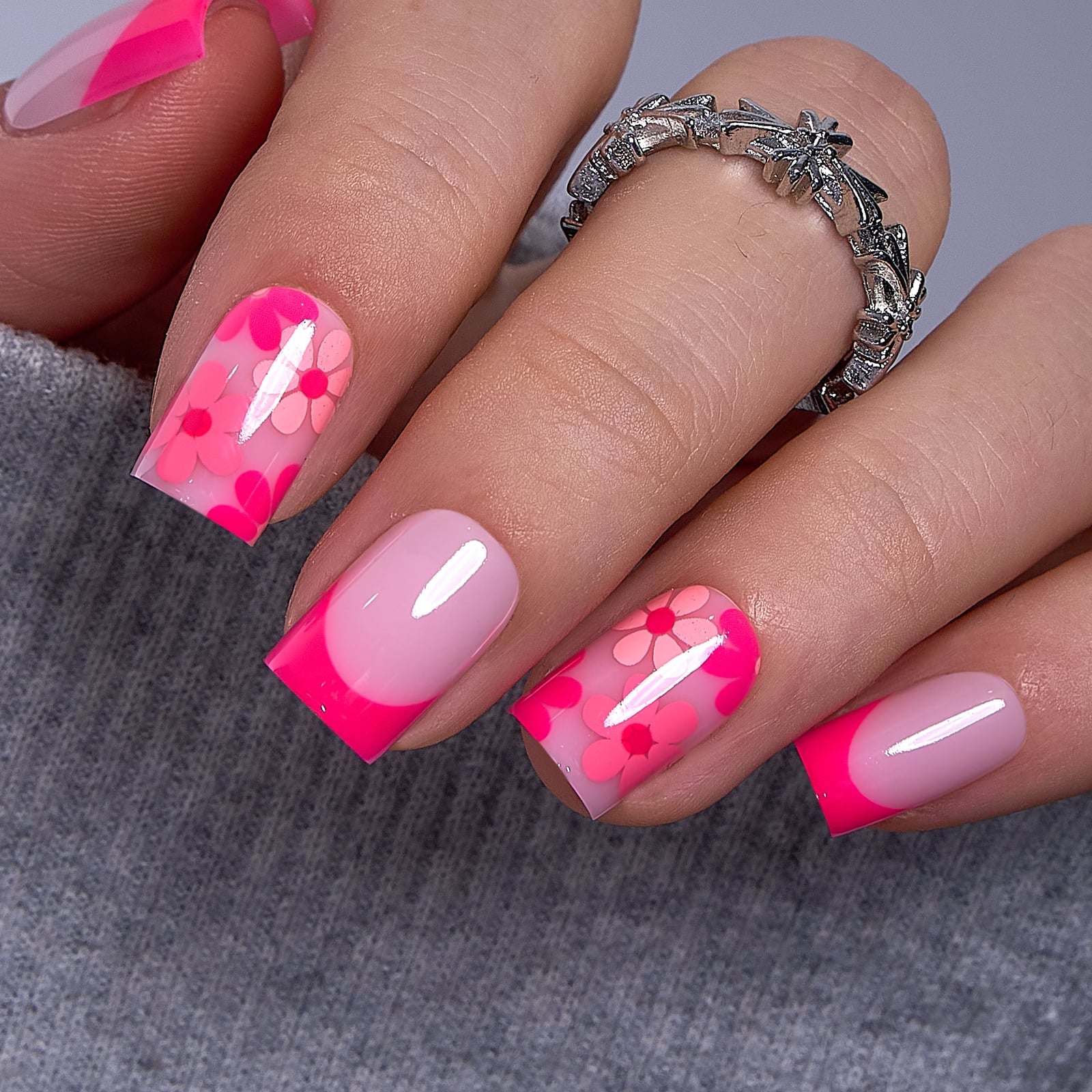 Neon Pink Floral French Short Square Nails Neon Pink Floral French Short Square Nails — French Tip Nails Square