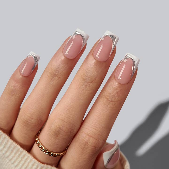 Silver Metallic Overlay French Medium Square Nails Silver Metallic Overlay French Medium Square Nails — French Tip Nails Square