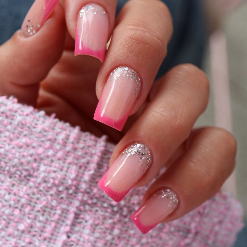 Hot Pink Glitter Accent French Long Square Nails Hot Pink Glitter Accent French Long Square Nails — French Tip Nails Square