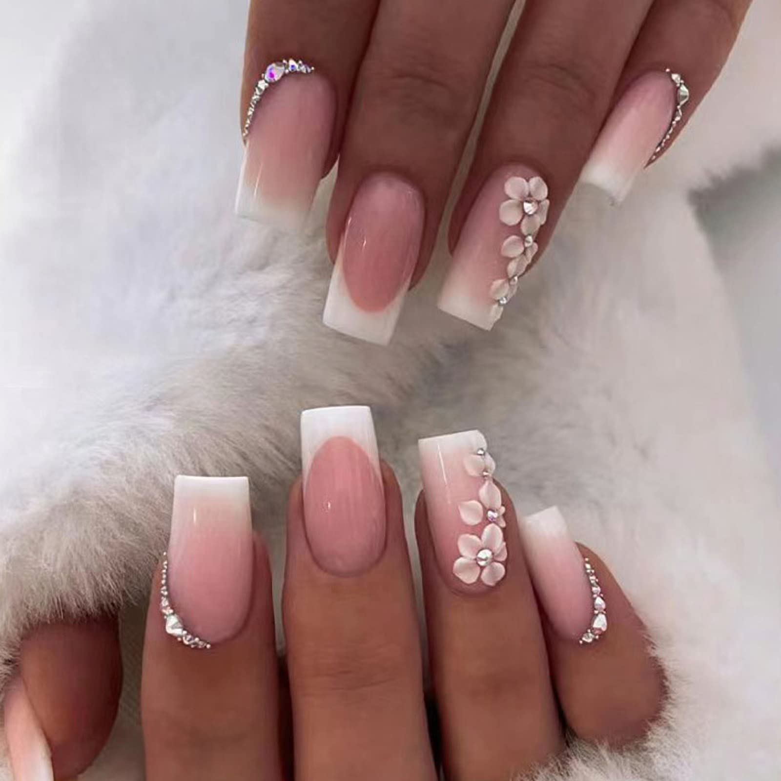 Rhinestone Floral French Medium Square Nails Rhinestone Floral French Medium Square Nails — French Tip Nails Square