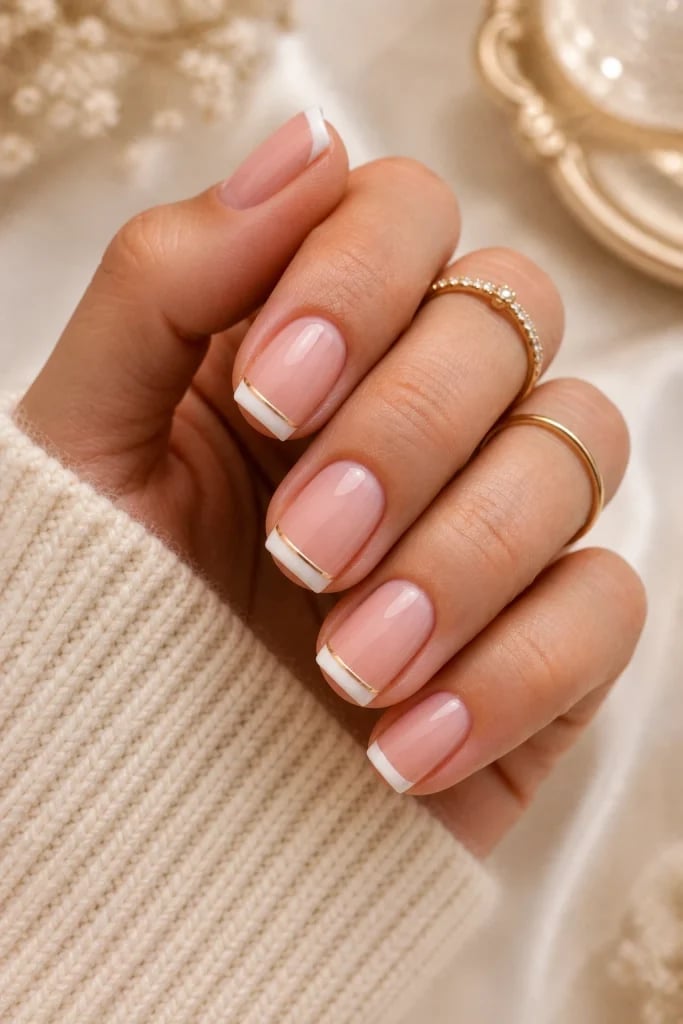 Gold Line Accent French Short Square Nails Gold Line Accent French Short Square Nails — French Tip Nails Square