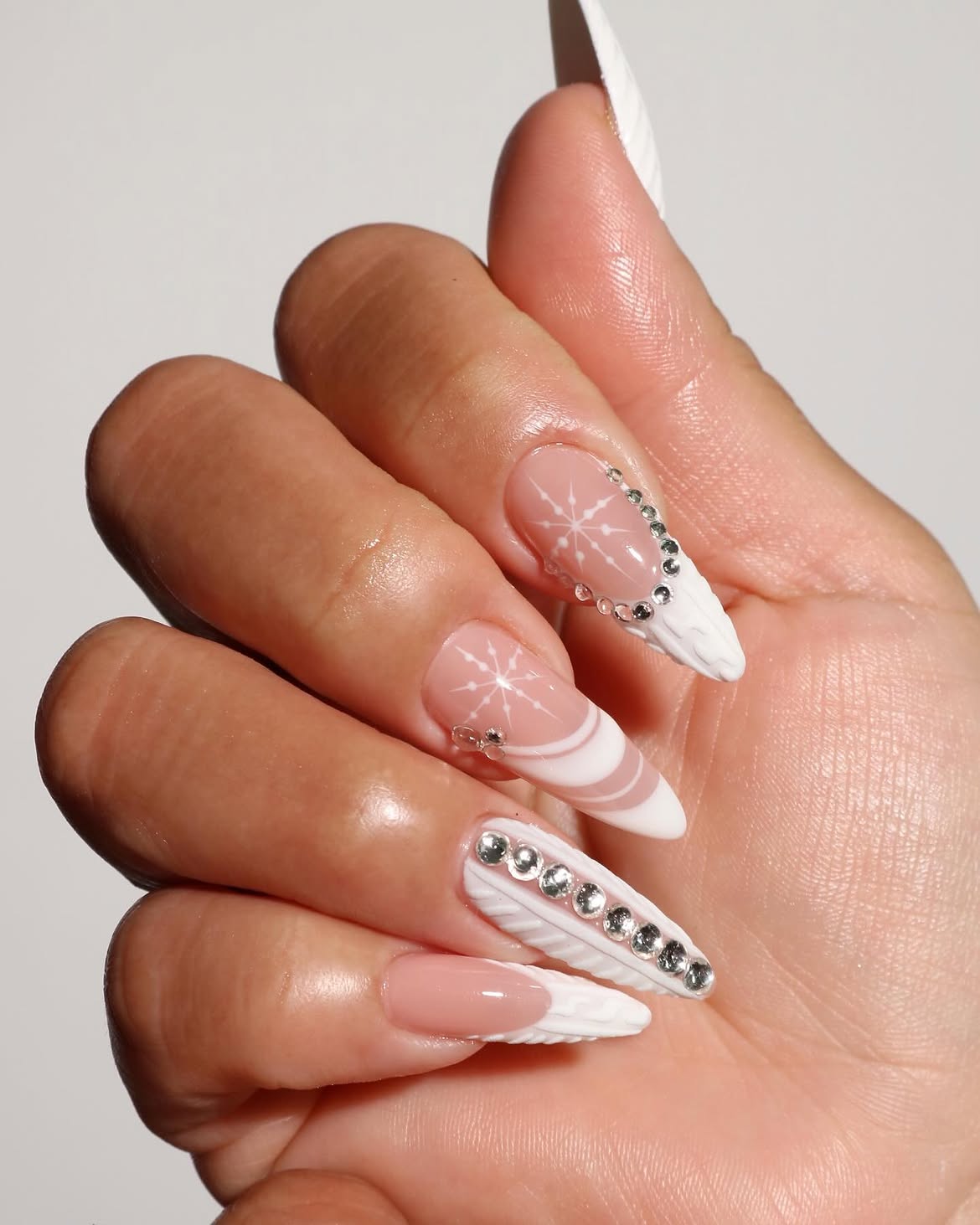 Frosted Snowflake Sweater French Tips with Gems