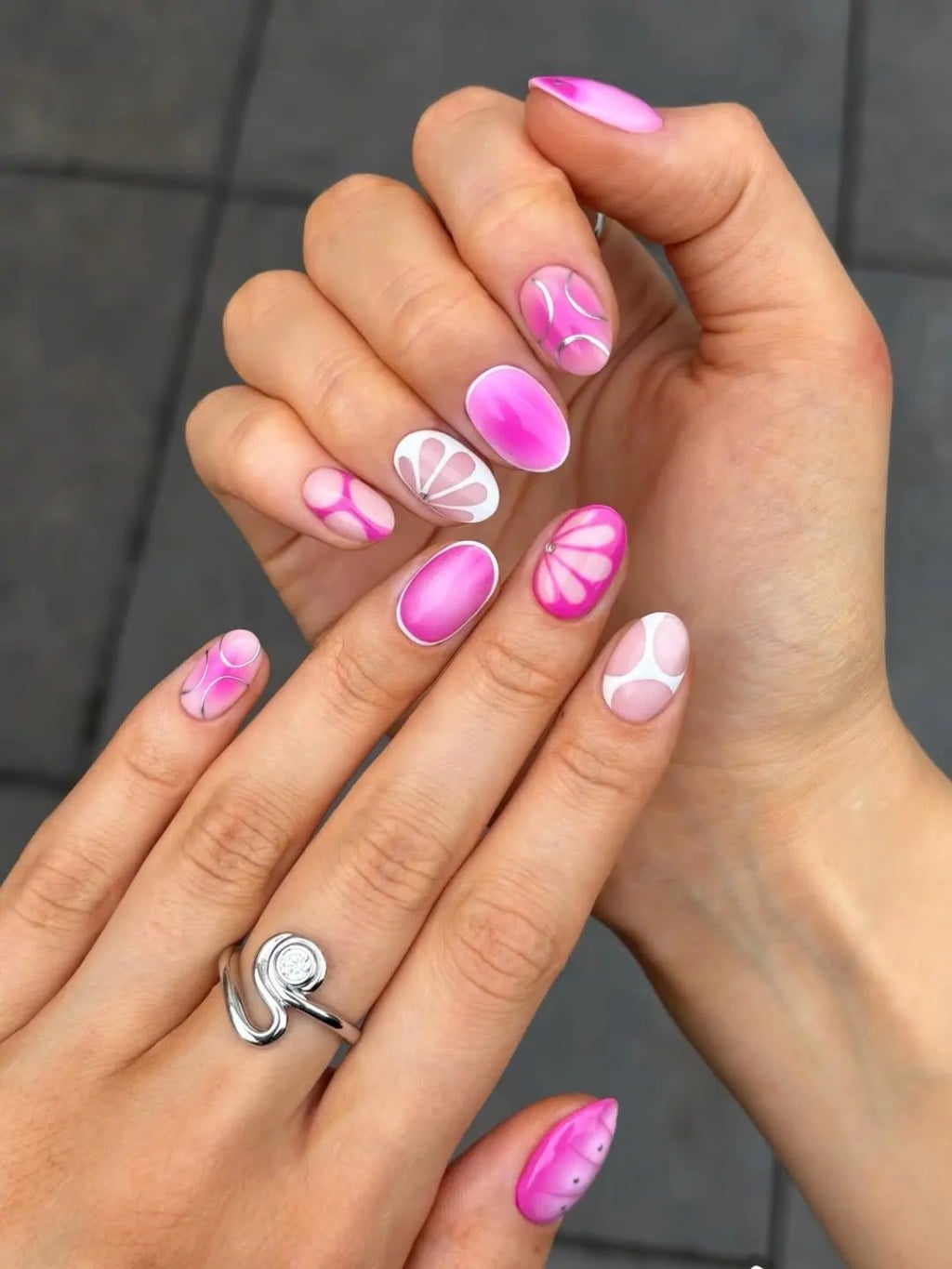 Medium Oval Nails With Abstract Pink and White Designs Medium Oval Nails With Abstract Pink and White Designs — Funky Nails