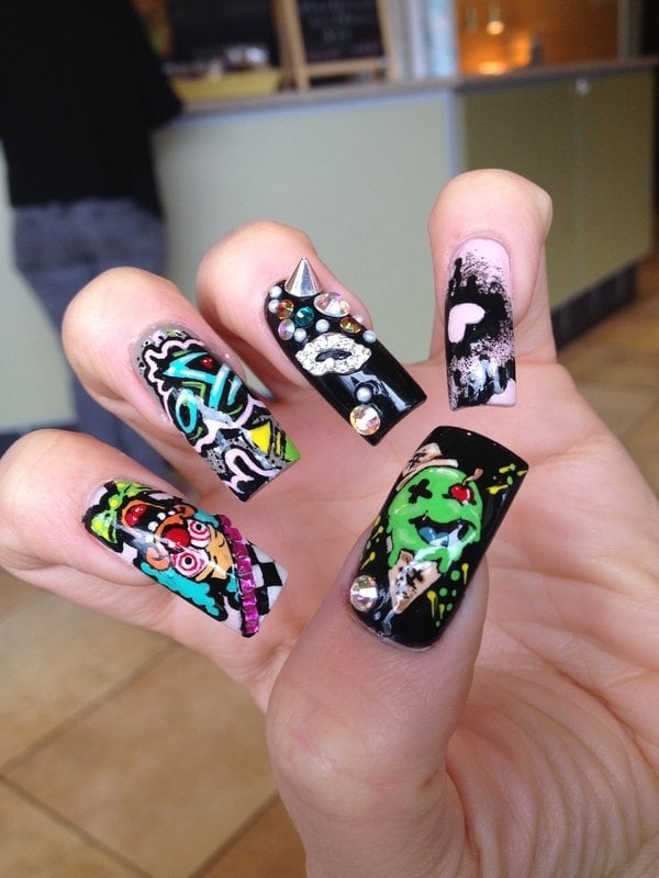 Long Square Nails With Detailed Quirky Designs Long Square Nails With Detailed Quirky Designs — Funky Nails