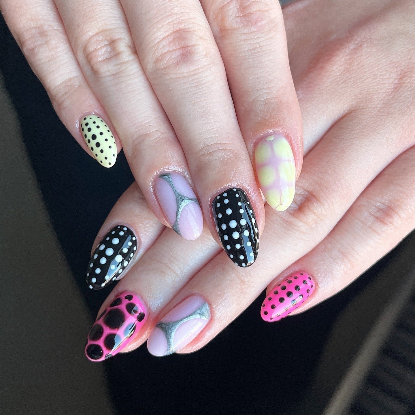 Medium Oval Nails With Mixed Graphic Patterns Medium Oval Nails With Mixed Graphic Patterns — Funky Nails