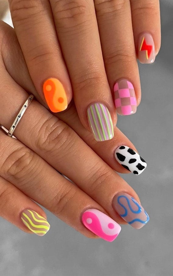 Short Square Nails With Neon Funky Patterns Short Square Nails With Neon Funky Patterns — Funky Nails