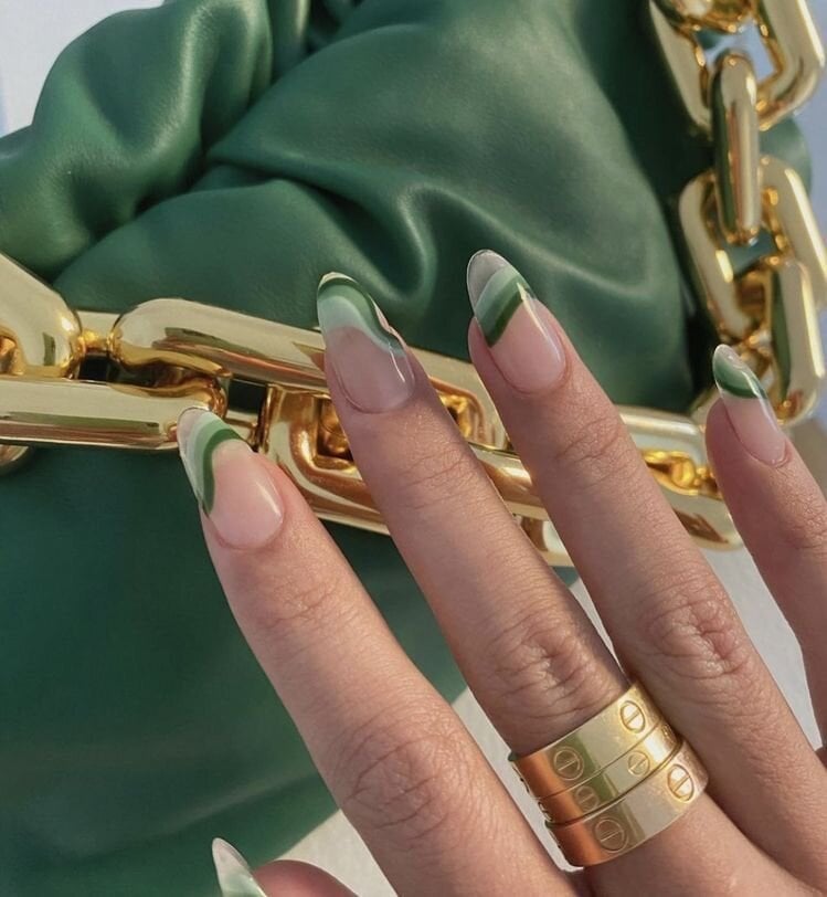 Medium Almond Nails With Abstract Green French Tips Medium Almond Nails With Abstract Green French Tips — Funky Nails