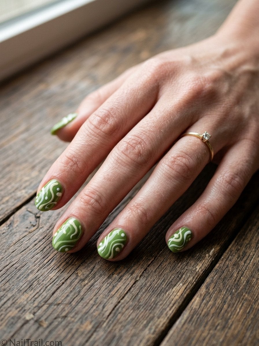 Short Oval Nails With Olive Green and White Wavy Lines Short Oval Nails With Olive Green and White Wavy Lines — Funky Nails