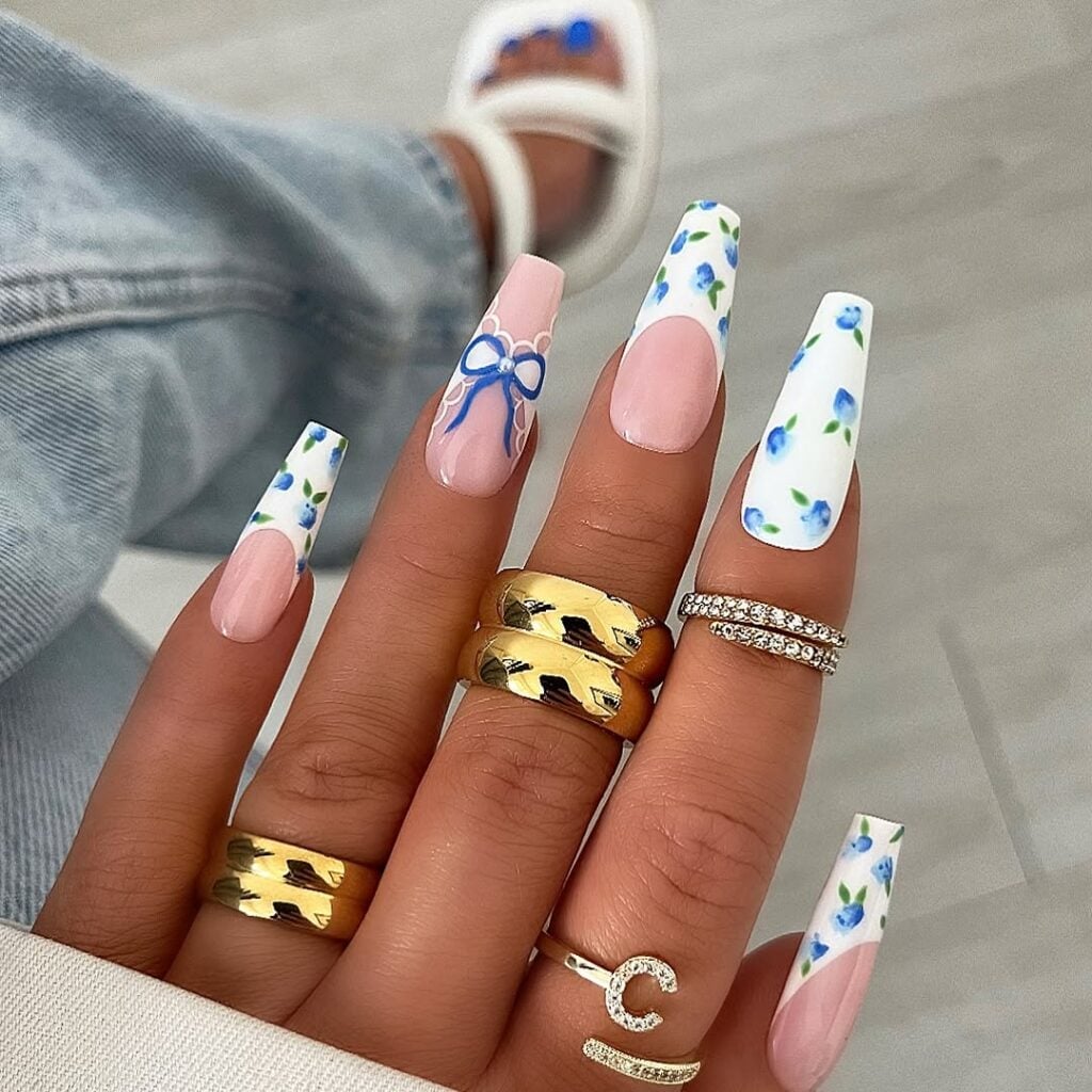 Long Coffin Nails With Floral and Bow Accents Long Coffin Nails With Floral and Bow Accents — Funky Nails
