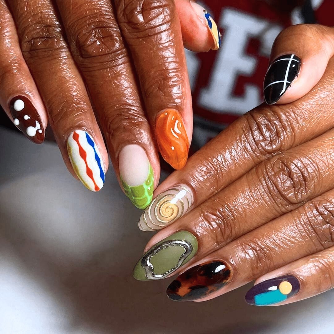 Medium Almond Nails With Eclectic Mix of Designs Medium Almond Nails With Eclectic Mix of Designs — Funky Nails
