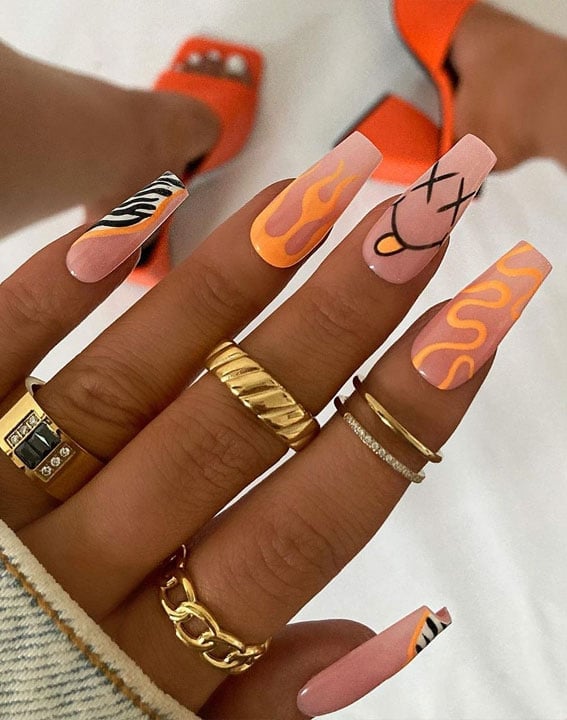 Long Coffin Nails With Bold Pattern Mix Long Coffin Nails With Bold Pattern Mix — Funky Nails