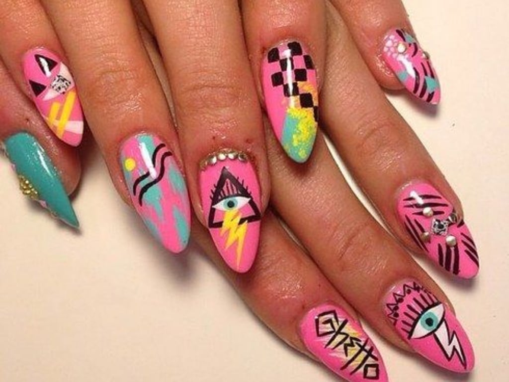 Long Almond Nails With Geometric and Eye Designs Long Almond Nails With Geometric and Eye Designs — Funky Nails
