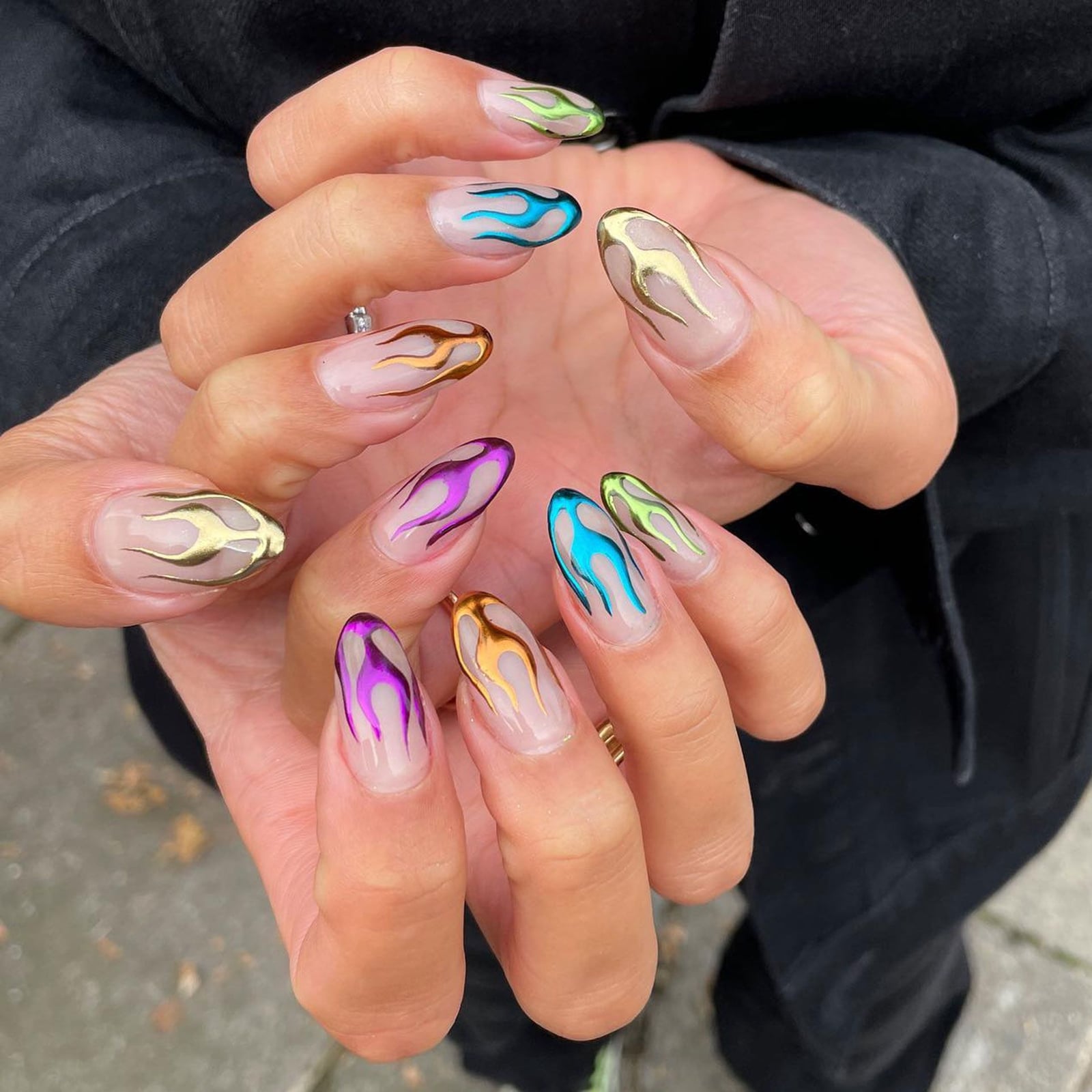 Long Almond Nails With Metallic Chrome Flames Long Almond Nails With Metallic Chrome Flames — Funky Nails