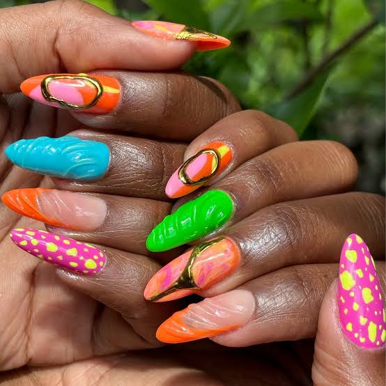 Medium Almond Nails With Mismatched French Tips Medium Almond Nails With Mismatched French Tips — Funky Nails
