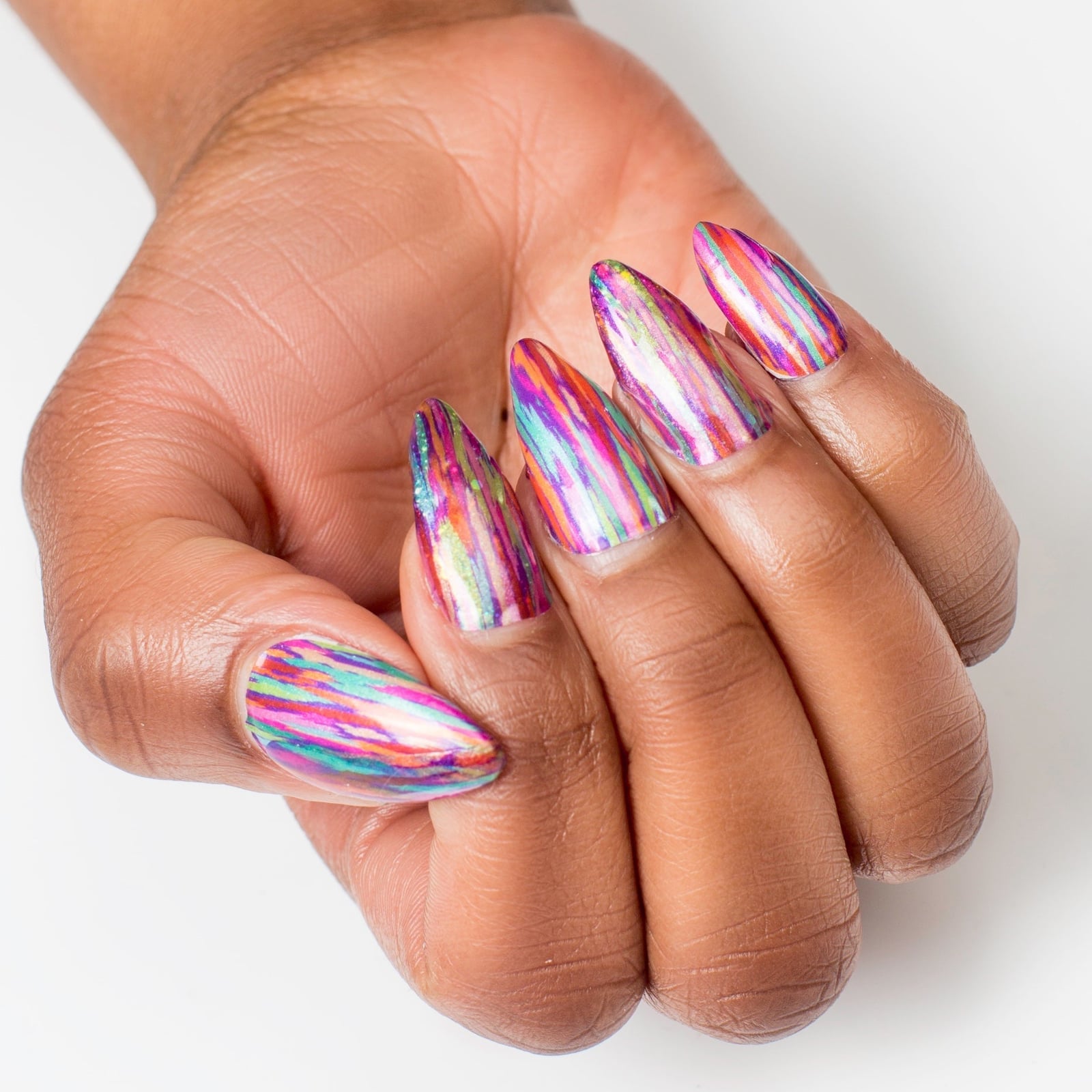 Long Stiletto Nails With Multicolored Chrome Stripes Long Stiletto Nails With Multicolored Chrome Stripes — Funky Nails