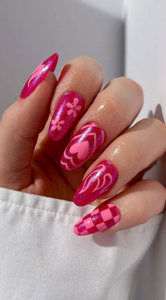 Medium Almond Nails With Hot Pink Shimmer Base Medium Almond Nails With Hot Pink Shimmer Base — Funky Nails
