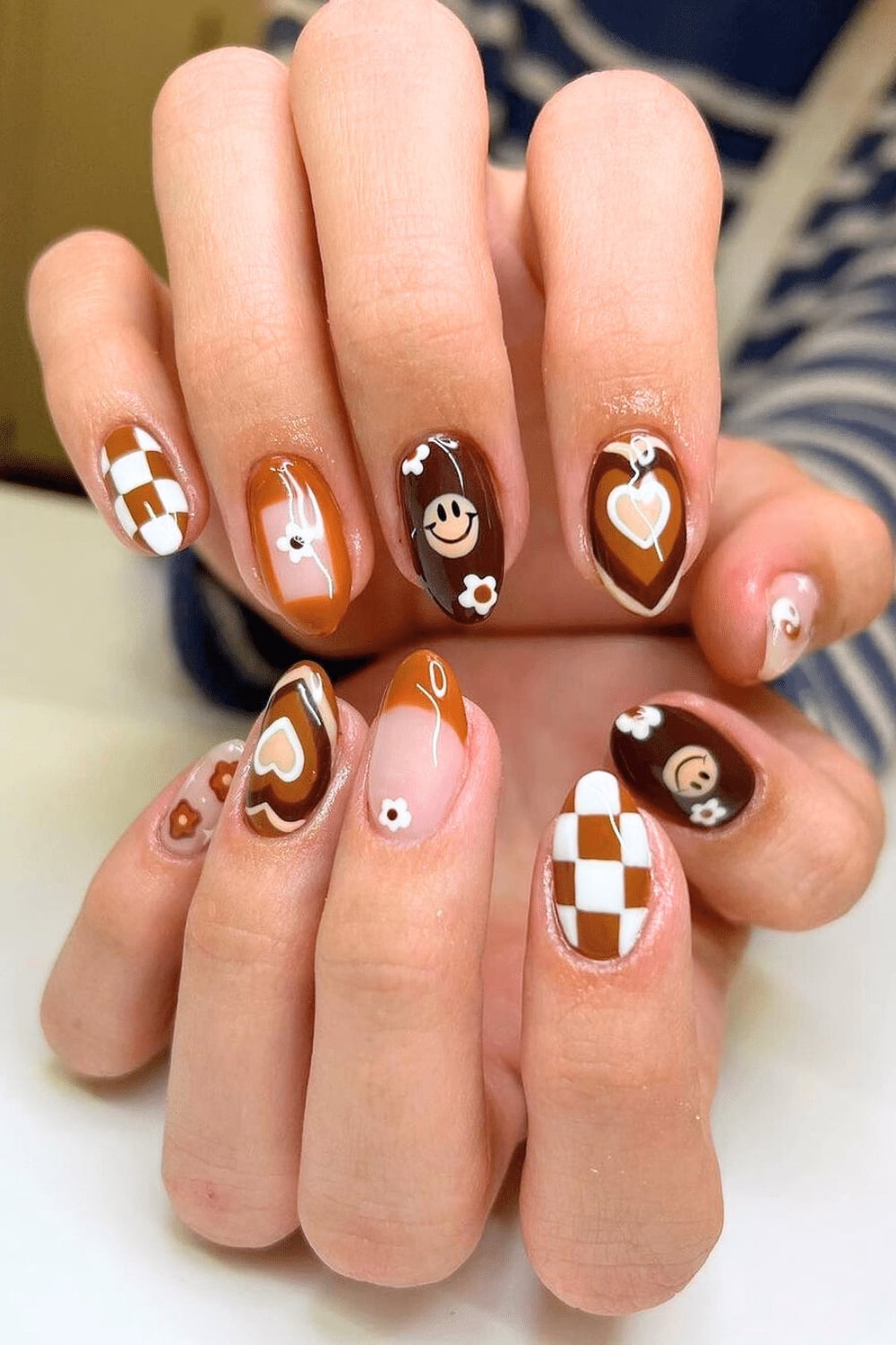 Short Almond Nails With Retro Funky Patterns Short Almond Nails With Retro Funky Patterns — Funky Nails