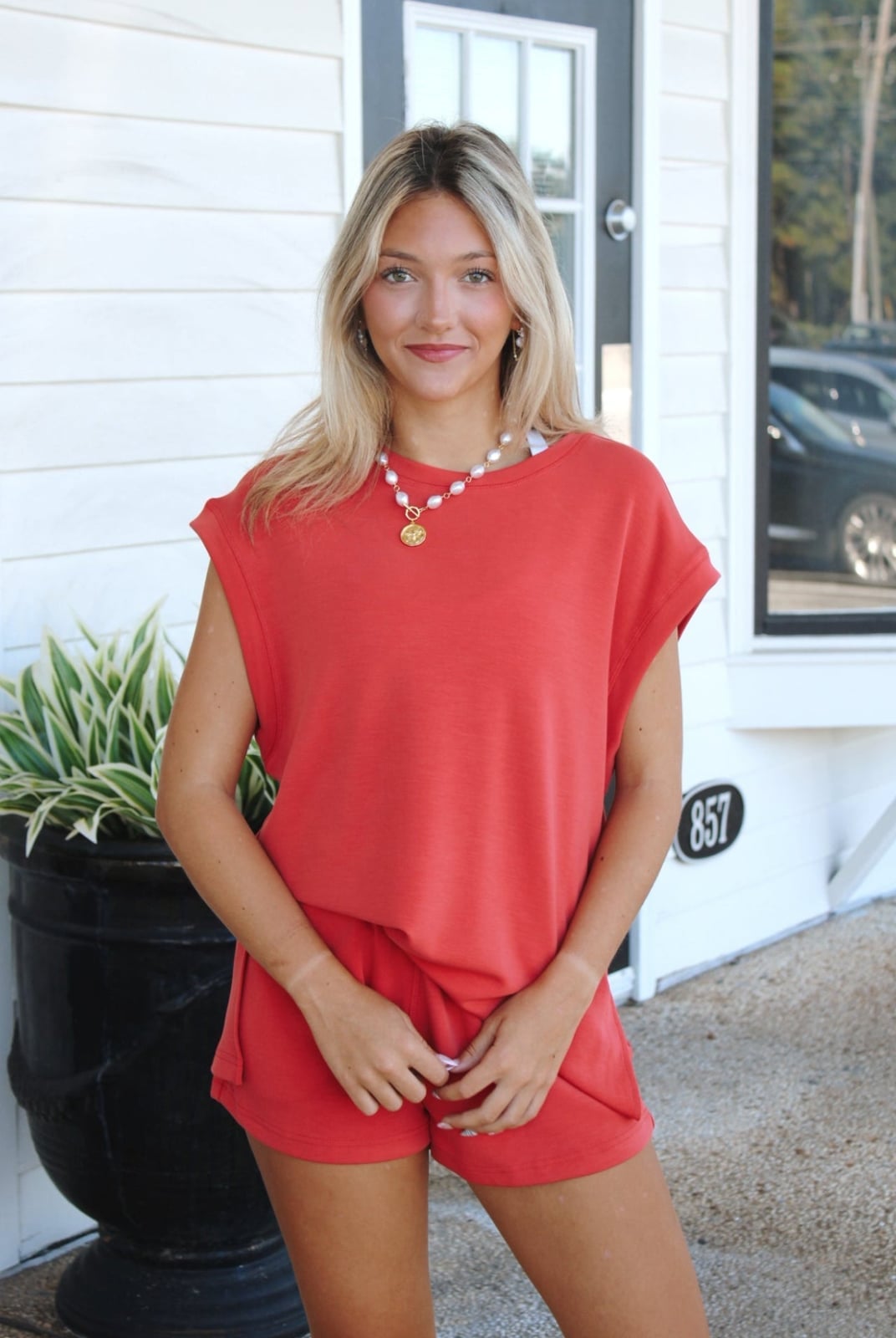 Red knit matching set for a casual day out Red knit matching set for a casual day out — Game Day Outfits