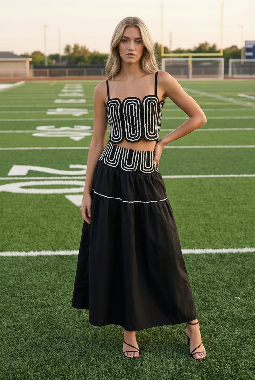 Black crop top and midi skirt set with heeled sandals Black crop top and midi skirt set with heeled sandals — Game Day Outfits